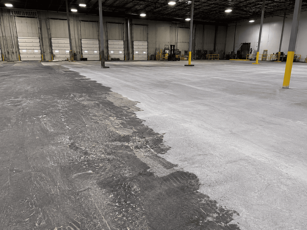 Prepped warehouse slab after concrete surface preparation in Aurora, Colorado, 45,000 square feet.