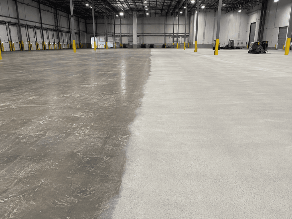 Warehouse floor prep during concrete surface preparation in the Denver metro, Colorado, 50,000 square feet.